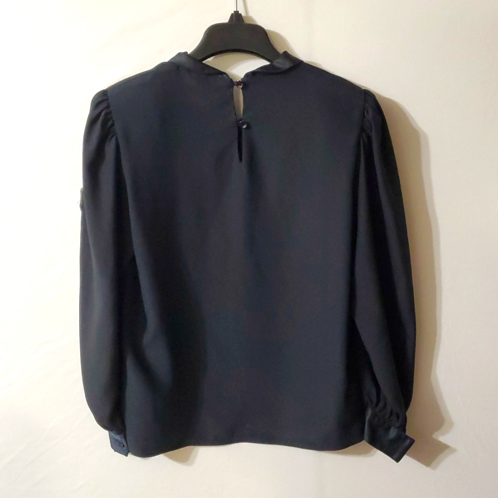 Vintage Nilani Black Long Sleeve Satin Blouse with Beaded Bows Sz 2 - Picture 6 of 12